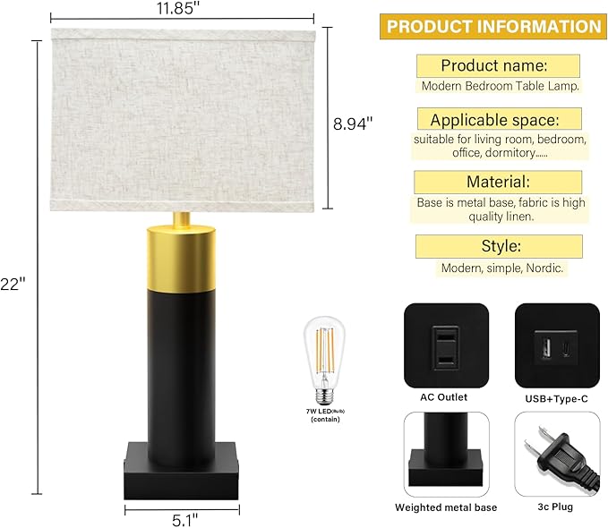 Touch Table Lamp for Bedroom 3 Way Dimmable 22''Bedside Lamp with USB A+C Nightstand Lamp for Living Room Office and Hotel Bulb Included