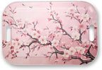 Serving Trays with Handles, 14.5 x 9.8 inch Rectangular Plastic Tray for Restaurant, Kitchen, Pink Cherry Blossom