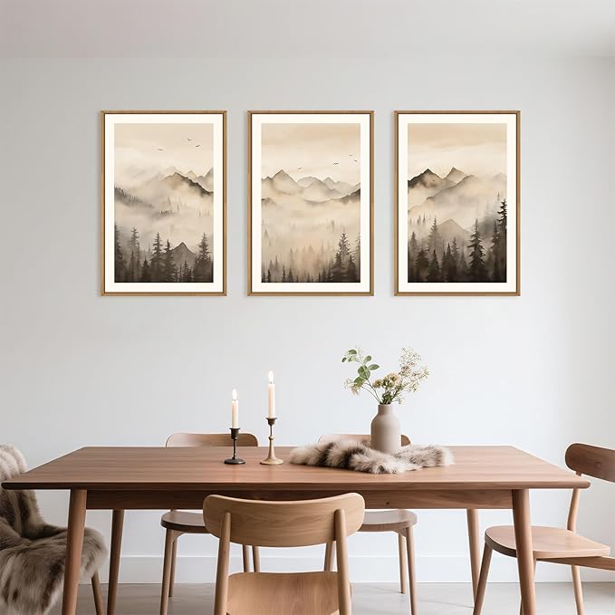 Celestdeco Nature Misty Forest Framed Canvas Wall Art Set, Foggy Landscape Wall Decor, Watercolor Pine Tree Wall Painting, Large Mountains Art Print for Living Room, Bedroom, Office - 24"X36"X3