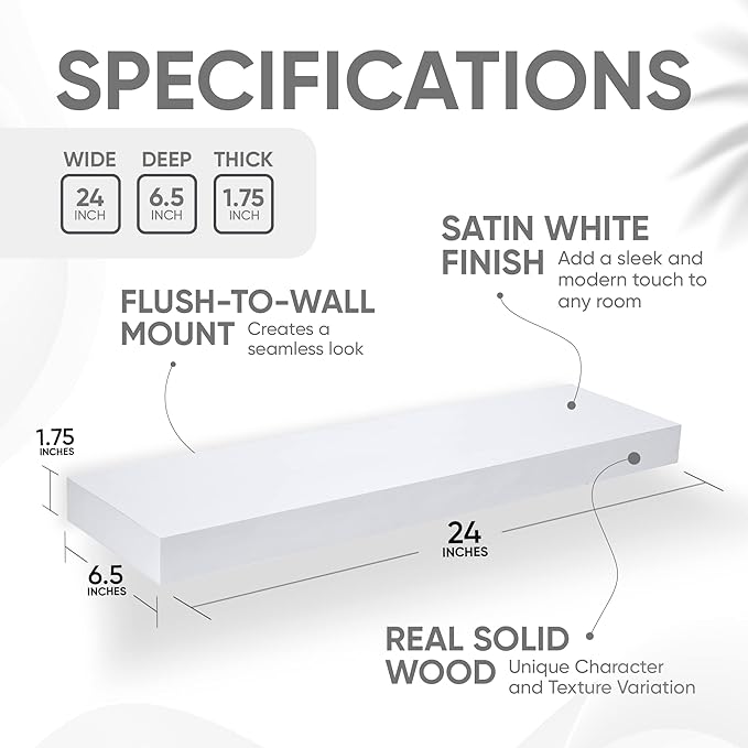 Homeforia White Floating Shelves 24 inch, High End Solid Real Wood 24inch Bathroom Floating Shelf for Wall Mounted, White Wooden 24in Floating Shelves, Heavy Duty Bracket, 24 X 6.5 X 1.75 in, Set of 4