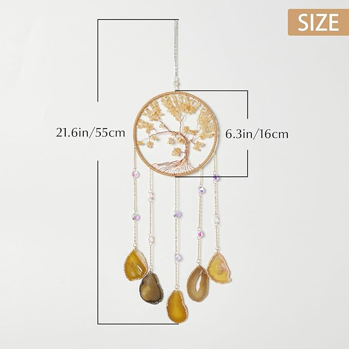Agate Citrine Gemstone Dream Catcher 7 Chakras Gold Tree of Life Dream Catcher with Healing Crystal Stones Handmade Dreamcatcher Wall Decor for Adults Boys Girls,Bedroom,Wedding,Garden,Bless Gift
