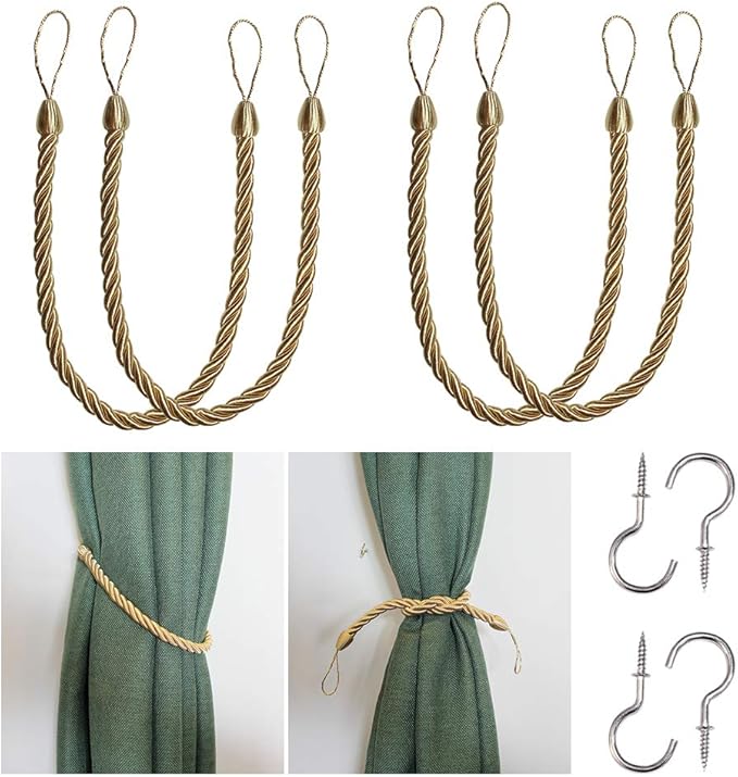 BEL AVENIR Curtain Rope Tiebacks, Drapery Rope Holdbacks with 4 Metal Screw Hooks, 2 Pair - Golden