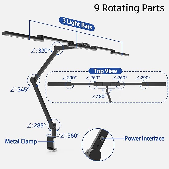 LED Desk Lamp with Clamp, 41.5" Clamp on Architect Desk Lamp for Home Office, 24W Bright Tall Computer LED Table Light Adjustable Overhead Clip on Office Lighting for Work Craft