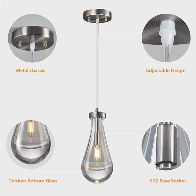 Raindrop Pendant Lights Kitchen Island Teardrop Nickel Hanging Light Fixtures Clear Solid Glass Pendant Light Modern Chandeliers for Dining Room Porch Corridor Living Room(1-Pack)