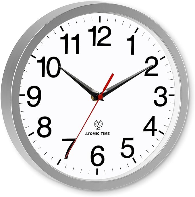 Atomic Wall Clock Modern 10 Inch Battery Operated Silent Non Ticking Analog Clock Decorative for Bedroom Kitchen Bathroom Office Home Living Room (Silver)