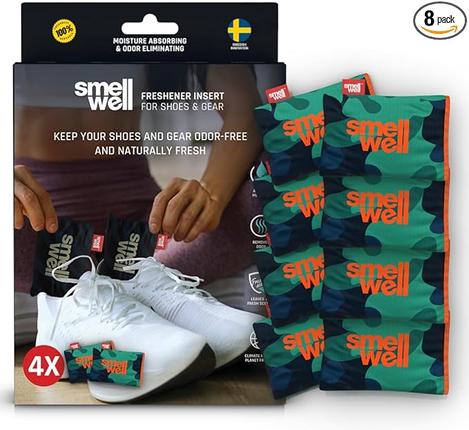 SmellWell - 4-Pack Scented Shoe Deodorizer Inserts - Odor Eliminators - Activated Bamboo Charcoal + Minerals - Natural Fresheners for shoes, bags, gloves - 8 x 1.8oz Original Size Green Camo