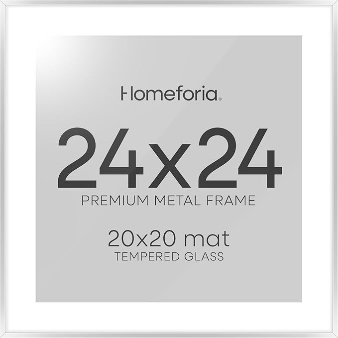 Homeforia 24x24 Silver Picture Frame, High End Metal 24 x 24 Large Square Silver Frames with Mat 20 by 20 inch Photo, 24by24 Thin Poster Frame Matted to 20x20 Print, Tempered Glass, Wall Kit, Set of 1