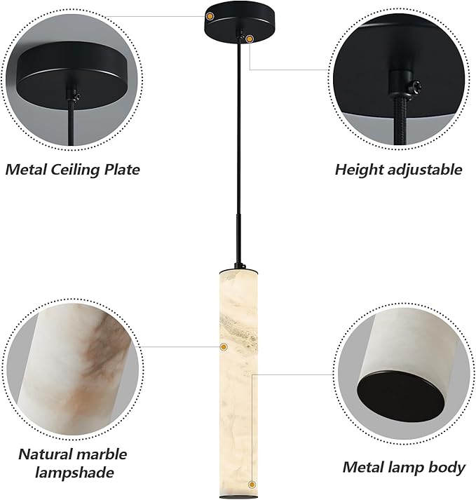 LMQNINE Natural Alabaster Pendant Lights for Kitchen Island White Marble Long Tube Chandelier Modern Black Ceiling Light Fixtures for Bedroom Dining Room Table Living Room Hallway(M-2Pack)