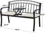 AVAWING Outdoor Metal Garden Bench, 2-Seat Patio Porch Bench with Steel Frame, Park Bench w/Pullout Middle Table＆ Cushion for Backyard Lawn Deck Entryway, Black