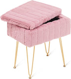 Wimarsbon Faux Mink Fur Storage Ottoman, Modern Soft Footstool, Storage Bench with Metal Legs, Vanity Seat, Fur Stool, Ottoman Coffee Table, Makeup Chair, Vanity Stools for Bedroom (Pink)