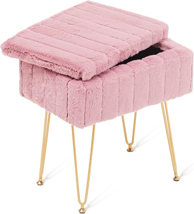 Wimarsbon Faux Mink Fur Storage Ottoman, Modern Soft Footstool, Storage Bench with Metal Legs, Vanity Seat, Fur Stool, Ottoman Coffee Table, Makeup Chair, Vanity Stools for Bedroom (Pink)