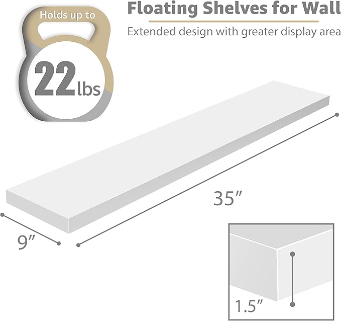 Sorbus Floating Shelves for Wall - 35 Inch Long Bathroom Shelves, Wall Decor for Bedroom, Kitchen, Living Room & Book Storage - Mounted Floating Shelf with Invisible Brackets (White, 2 Pack)