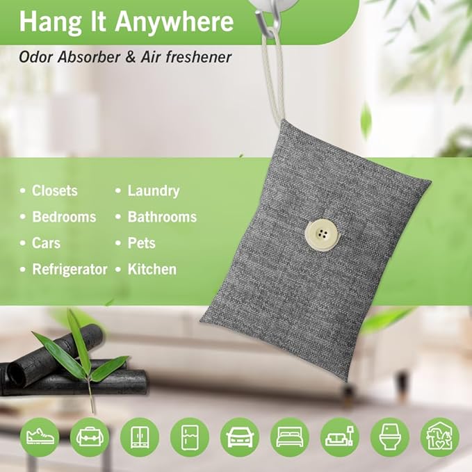 Charcoal bags Odor Absorber Activated Bamboo Charcoal Air Purifying Bag for Home Odor Eliminator Car Air Freshener for Closet Deodorizer Shoe Room Basement Litter Box Pet safe Bag 15Packs×100g