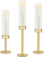 Glass Hurricane Candlestick Holders Gold, KSWING Set of 3 Taper Candle Holders Brass Tall Clear Candle Stand Holders, Perfect for Table Centerpiece Party Wedding Christmas Home Decor