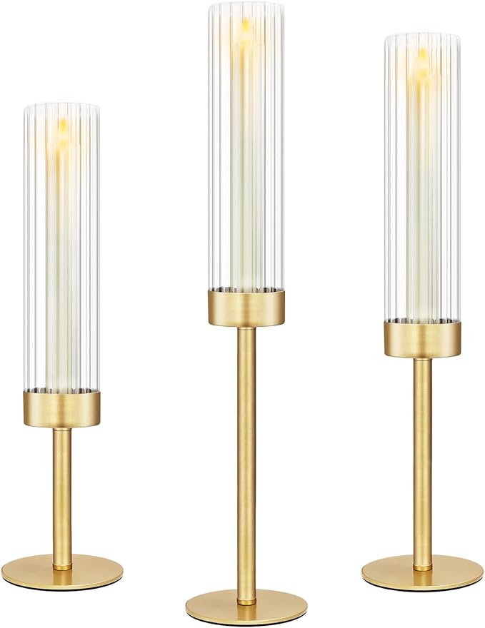Glass Hurricane Candlestick Holders Gold, KSWING Set of 3 Taper Candle Holders Brass Tall Clear Candle Stand Holders, Perfect for Table Centerpiece Party Wedding Christmas Home Decor