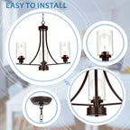 BONLICHT 3 Lights Oil-Rubbed Bronze Traditional Chandelier Rustic Kitchen Island Lighting Fixtures Hanging Clear Glass Cylinder Pendant Lights Classic Ceiling Light for Dining Room Bedroom Foyer