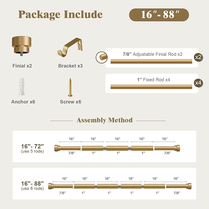 Oneach Gold Curtain Rods for Windows 48 to 84 Inch, 1 Inch Pole Adjustable Length Heavy Duty Metal Curtain Rod Set, for Outdoor Bedroom Kitchen Living Room (16 to 88 Inch)