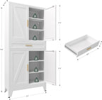 71 "Farmhouse Metal Filing Cabinet with a Drawer and 4 Adjustable Shelves, with 4 Large barn Door White Kitchen Cabinets, Metal Food Cabinets for Home, Kitchen, Dining/Living Room (White)