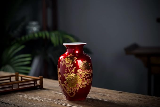 Red Vase Oriental Ceramic Flower Vases Decorated with Peony Design for Home Living Room Ornaments and Wedding Tall 9''