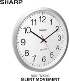 Sharp Wall Clock – Silver, Silent Non Ticking 14 Inch Quality Quartz Battery Operated Round Easy to Read Home/Kitchen/Office/Classroom/School Clocks, Sweep Movement
