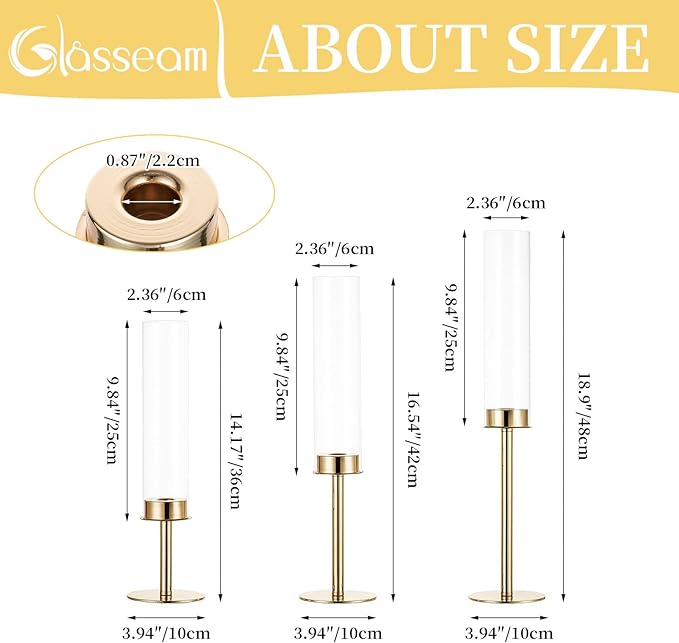 Gold Candlestick Hurricane Candle Holder: Glasseam Candlestick Holders for Taper Candles Bulk 12, Modern Candle Stick Candle Holder with Glass Chimney, Fireplace Candle Holder for Dining Table Decor