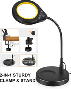 Flexible Gooseneck 2-in-1 Magnifying Glass with Light and Stand,10x & 5x Real Glass Lens Magnifying Lamp, 5 Color Stepless Hands-Free LED Desk Lamp with Clamp for Painting, Crafts, Reading (Yellow)
