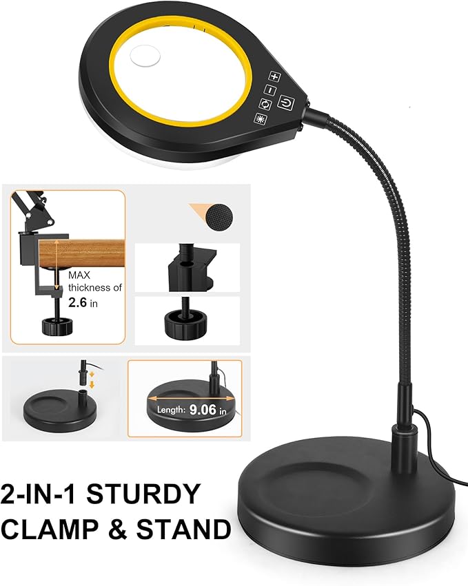 Flexible Gooseneck 2-in-1 Magnifying Glass with Light and Stand,10x & 5x Real Glass Lens Magnifying Lamp, 5 Color Stepless Hands-Free LED Desk Lamp with Clamp for Painting, Crafts, Reading (Yellow)