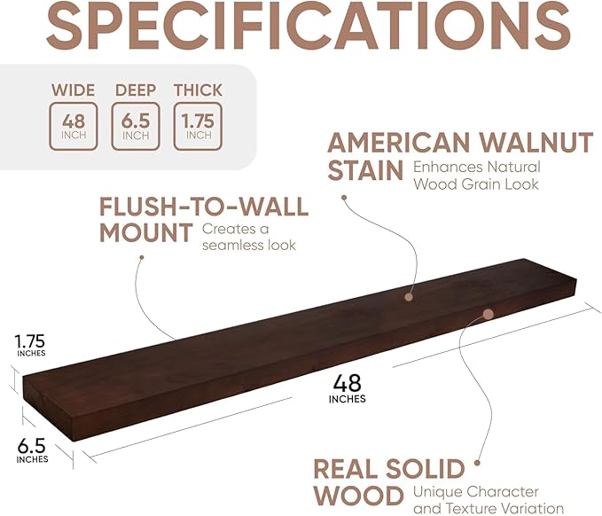 Homeforia 48 inch Walnut Floating Shelf, High End Solid Real Wood Large 48inch Floating Shelves for Wall, Dark Brown 48 inches Long Floating Shelves, Heavy Duty Bracket, 48 X 6.5 X 1.75 inch, Set of 3