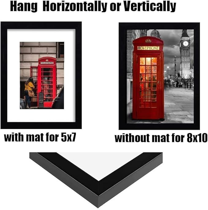 8x10 Picture Frame Set of 6, Display Pictures 5x7 with Mat or 8x10 Without Mat for Wall Mounting or Table Top Display,Black