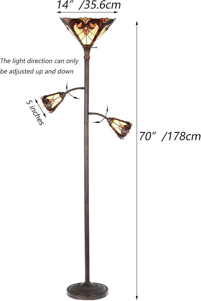 Bieye L10839 Baroque Tiffany Style Stained Glass Torchiere Floor Lamp with Sidelights for Reading, 70-inches Tall (Baroque, Brown)