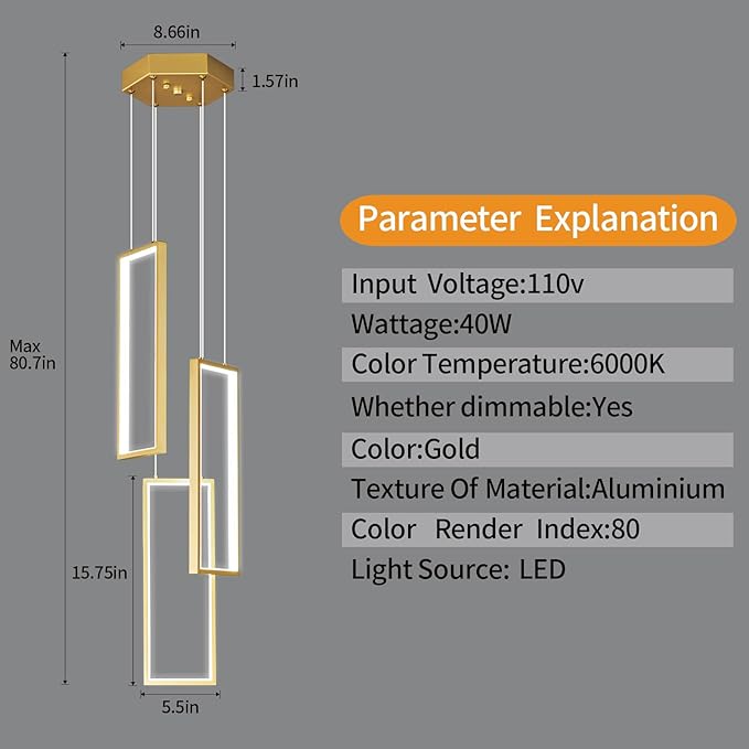 Modern Kitchen Pendant Light Fixture Gold 40W LED Pendant Light 3 Rings Rectangle Chandelier Pendant Lighting for Kitchen Island Living Room Dining Room Bedroom