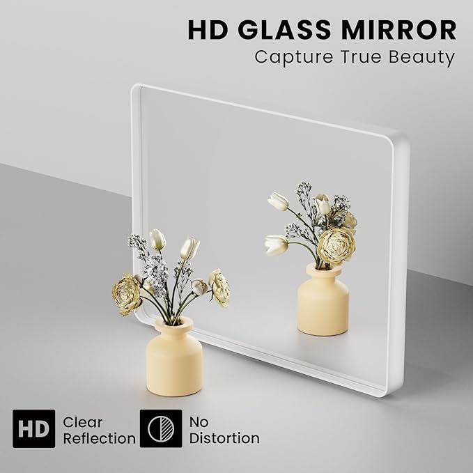 White Bathroom Mirror 36x36 Inch, White Metal Framed Bathroom Mirror for Wall, Rounded Rectangle Matte Bathroom Vanity Mirror, Tempered Glass, Anti-Rust, Horizontal/Vertical