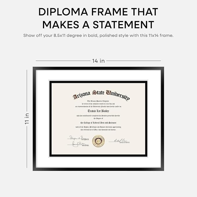 Homeforia 11x14 Diploma Frame Black, High End Metal 11 x 14 Certificate Frame with Mat 8.5 x 11 inch, 14x11 Document Frame Matted to 8.5x11, Award Graduation Frames, Tempered Glass, Wall Kit, Set of 1