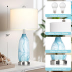 26" Coastal Glass Table Lamps Set of 2, Touch Control Bedside Lamp with USB A+C Ports and AC Outlet, Blue Lamp with Night Light for Nightstand Living Room Bedroom, 2 LED Bulbs Included