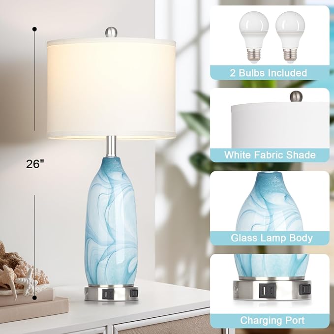 26" Coastal Glass Table Lamps Set of 2, Touch Control Bedside Lamp with USB A+C Ports and AC Outlet, Blue Lamp with Night Light for Nightstand Living Room Bedroom, 2 LED Bulbs Included