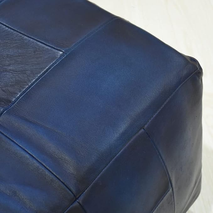Square Shaped Buffalo Leather Handmade Eco-Friendly Vintage Blue Pouf-Square Pouf, 21"x21"x12", Geometric Pouf, Buffalo Leather Pouf, Recycled Foam with Fibre Fill Stuffed Pouf, Seating Pouf PF25