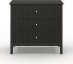 Large Black Fluted 3 Drawer Dresser Set of 2, Chest of Drawers with Ball Bearing Slide Modern 30 inch Tall Wood Nightstand with Spacious Storage for Bedroom Hallway Living Room Entryway