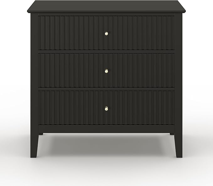 Large Black Fluted 3 Drawer Dresser Set of 2, Chest of Drawers with Ball Bearing Slide Modern 30 inch Tall Wood Nightstand with Spacious Storage for Bedroom Hallway Living Room Entryway