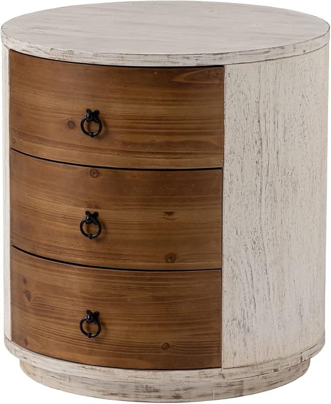 HOMPUS Fully Assembled Round Nightstand, 3 Drawer Chest of Drawers, Wood Rustic Farmhouse Dresser, Retro Modern Night Stand, Wood Rustic Farmhouse Dresser with Drawers for Bedroom, Brown + White