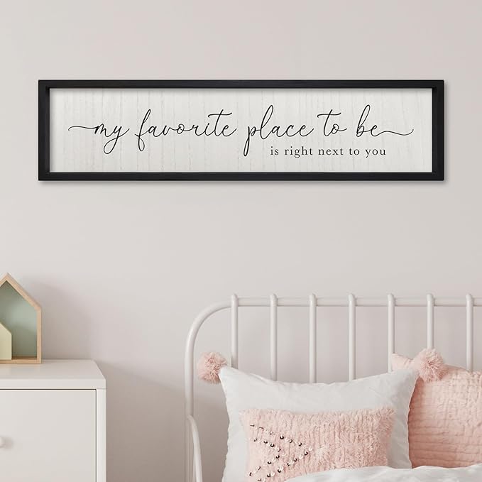 ZZJJHYWGQ Love Quotes Wall Decor My Favorite Place To Be Sign 32"×8" Couples Love Theme Plaque Modren Farmhouse Master Bedroom Above Over Bed Wood Framed Wall Art (Black)