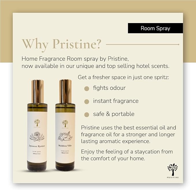 PRISTINE Japanese Ryokan/Inspired by Shang Hotel Linen & Room Spray Air Freshener, Made With Essential Oils, Fragrance room spray with Lavender, Lily, Sandalwood Scent, 3.4oz Pillow Spray