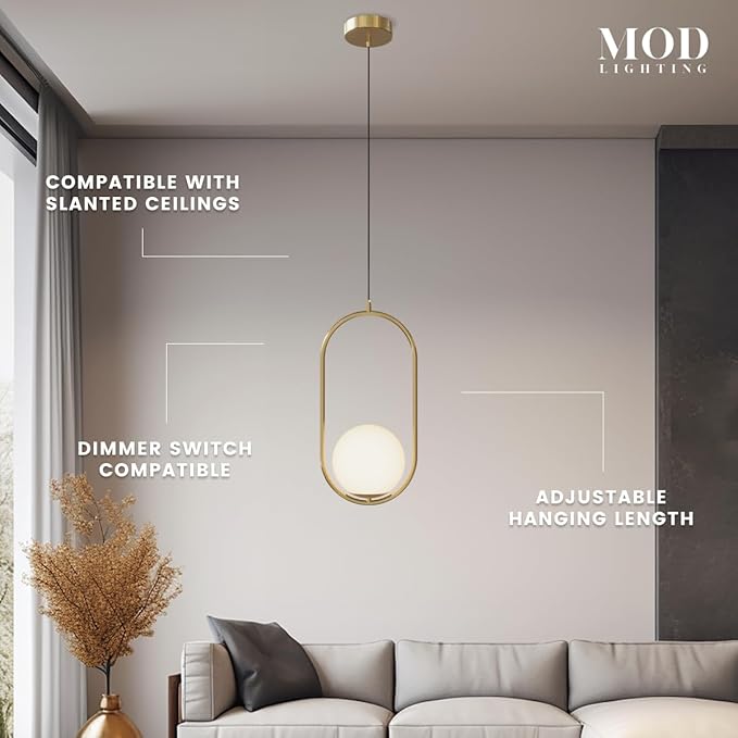 𝗠𝗢𝗗 𝗟𝗜𝗚𝗛𝗧𝗜𝗡𝗚 Jewels & Pearls | Modern Gold Pendant Light Fixtures, Hanging Globe Pendant Lights for Kitchen Island Lighting, Dimmable LED Bulb Included, 1 Pack (Gold | Warm White | Oval)