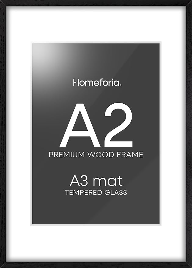 Homeforia A2 Black Wood Frame, High End Oak 16.5 x 23.4 Black Wooden Poster Frames Matted to 11.7 by 16.5 in Photo, A2 Size Wood Picture Frame with Mat A3 for Print, Tempered Glass, Wall Kit, Set of 1