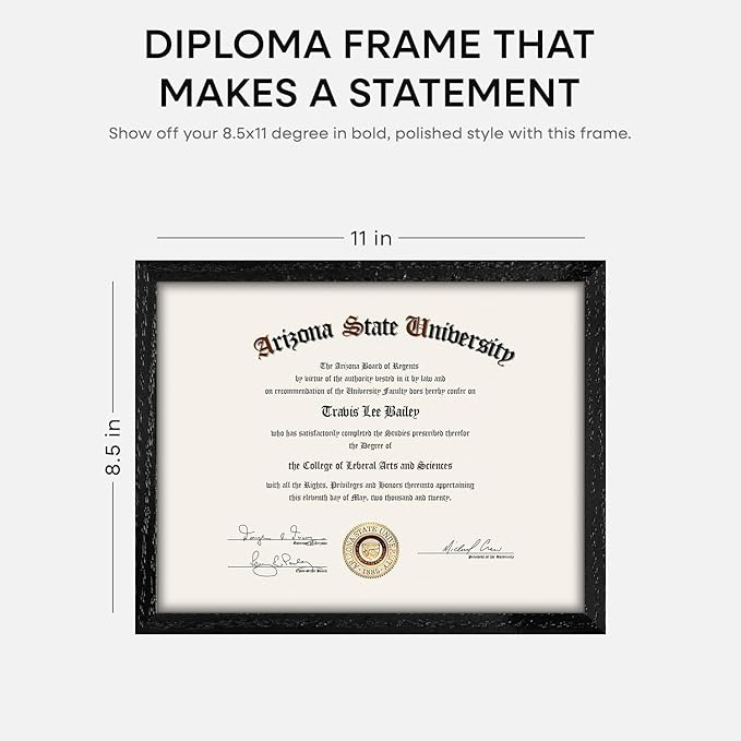 Homeforia 8.5x11 Diploma Frame Black Wood, High End Oak 8.5 x 11 Certificate Frames, 11x8.5 Black Document Frames for Wall or Tabletop, 8.5 by 11 Award Wooden Frame, Tempered Glass, Wall Kit, Set of 1