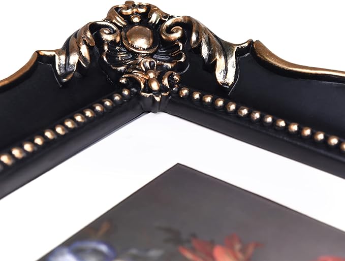 8x10 Vintage Picture Frame with Embossed Flower Design, Black Ornate Frame for 8x10 or 5x7 Pictures with White Mat, Hand-Crafted Resin Antique Frames for Tabletop & Wall Hanging, Home Decor (Black)