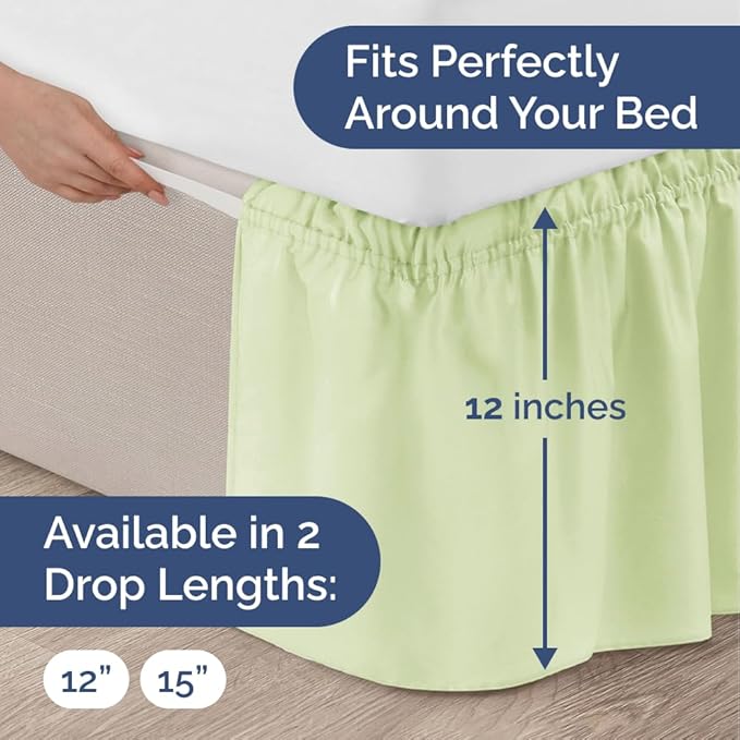 Wrap Around Dust Ruffle Bed Skirt - Light Sage - for King Size Beds w/ 12 Inch Drop - Easy Fit Elastic Strap - Adjustable Pleated Bedskirt w/Brushed Fabric - Wrinkle Free, Women, Men, Kids & Teens