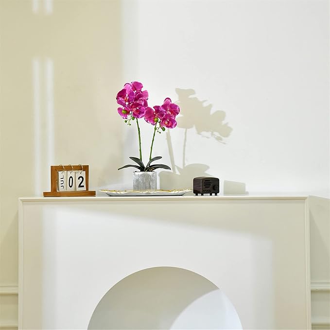 Artificial Potted Orchid Faux Phalaenopsis Silk Flowers Bonsai Realistic Arrangement in Silver Vase for Home Decoration Table Centerpiece, Purple