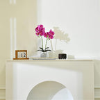 Artificial Potted Orchid Faux Phalaenopsis Silk Flowers Bonsai Realistic Arrangement in Silver Vase for Home Decoration Table Centerpiece, Purple