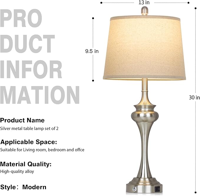 30" Silver Table Lamps Set of 2, 3 Way Touch Control Living Room Lamp with USB A+C Ports, Modern Brushed Nickel Bedroom Lamps, Tall Metal Bedside Lamp for Nightstand Desk Side Table Office