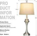 30" Silver Table Lamps Set of 2, 3 Way Touch Control Living Room Lamp with USB A+C Ports, Modern Brushed Nickel Bedroom Lamps, Tall Metal Bedside Lamp for Nightstand Desk Side Table Office